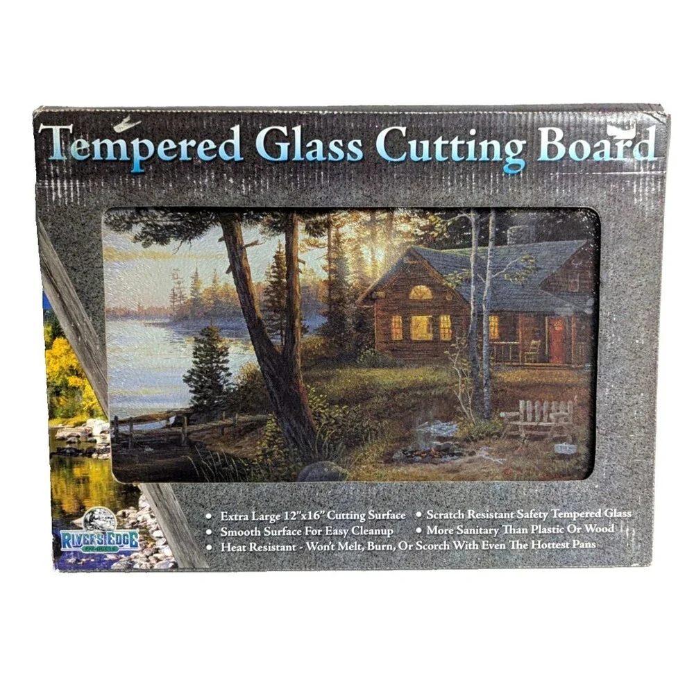 Rivers Edge Cabin on Lake Tempered Glass Cutting Board Cabin Rustic Kitchen NEW